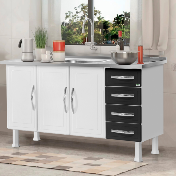 Gabinete De Cozinha Premium Em Aço 1,50m Com 4 Gavetas Gaveta