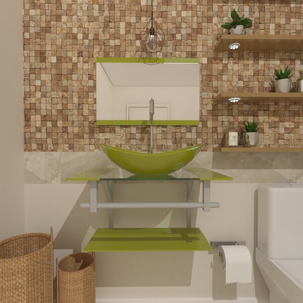 Gabinete De Vidro 45cm Ac Com Cuba Oval Verde Oliva + Torneir