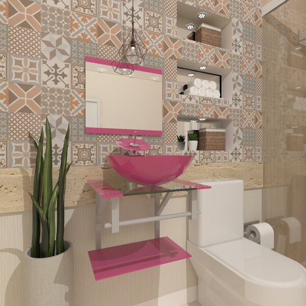 Gabinete De Vidro 45cm Com Cuba Redonda Rosa