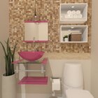 Gabinete De Vidro 45cm Com Cuba Redonda Rosa