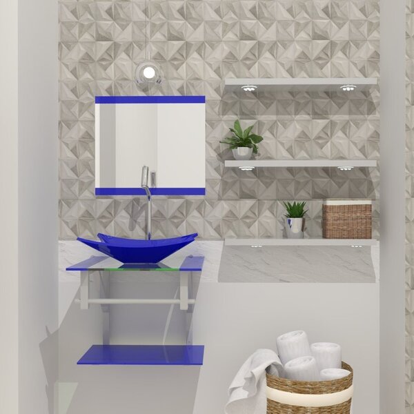 Gabinete De Vidro 45cm Com Cuba Retangular Azul Escuro