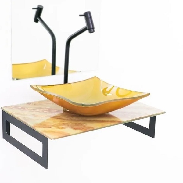 Gabinete De Vidro 50cm Com Cuba Quadrada - Mármore Marfim