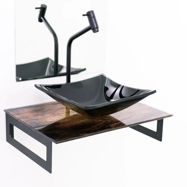 Gabinete De Vidro 50cm Madeira Rustica + Torneira Metal Preta