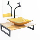 Gabinete De Vidro 50cm Mármore Marfim + Torneira Metal Preta