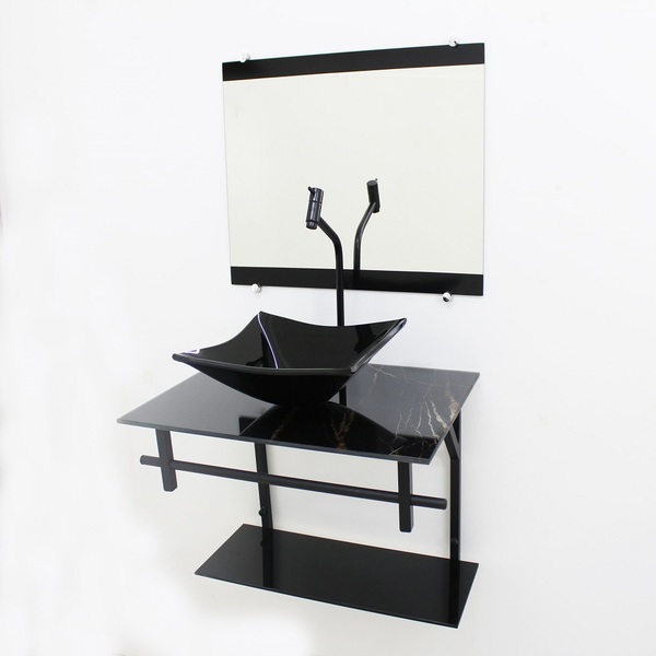 Gabinete De Vidro 60cm Ap Com Cuba Quadrada - Mármore Preto