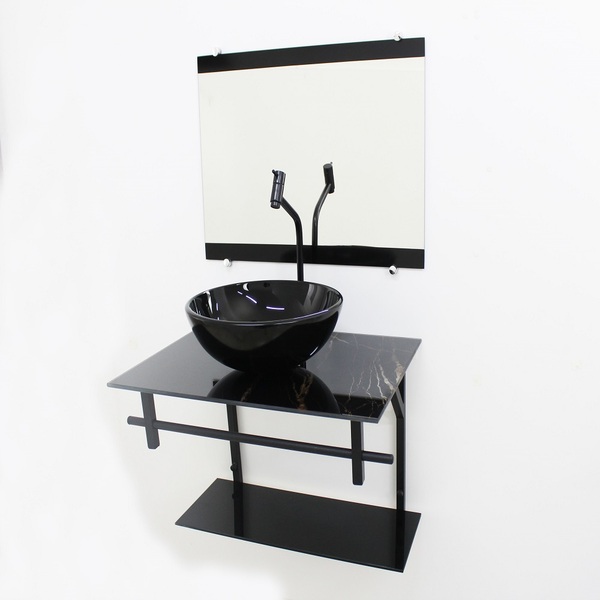 Gabinete De Vidro 60cm Ap Com Cuba Redonda - Mármore Preto