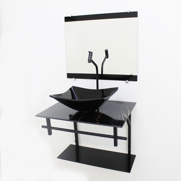 Gabinete De Vidro 60cm Ap Com Cuba Retangular - Mármore Preto