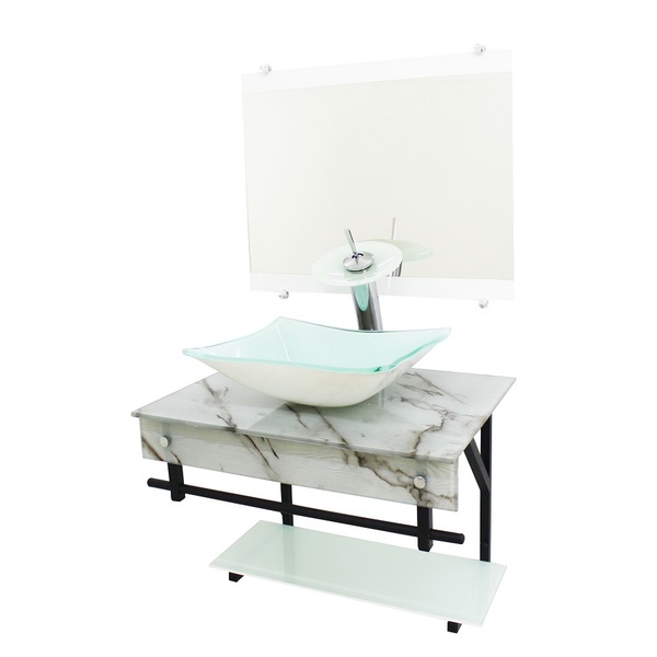 Gabinete De Vidro 60cm Apx Com Cuba Quadrada - Mármore Branco