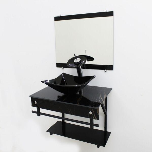 Gabinete De Vidro 60cm Apx Com Cuba Quadrada - Mármore Preto