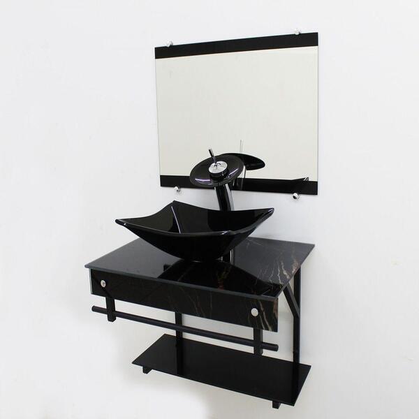 Gabinete De Vidro 60cm Apx Com Cuba Retangular Mármore Preto