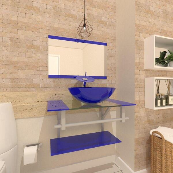 Gabinete De Vidro 60cm Com Cuba Redonda Azul Escuro