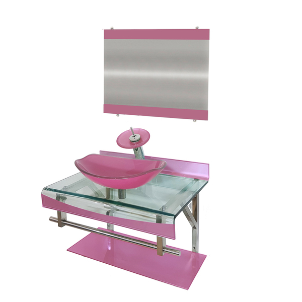 Gabinete De Vidro 60cm Curvado Duplo Inox Cuba Oval Rosa