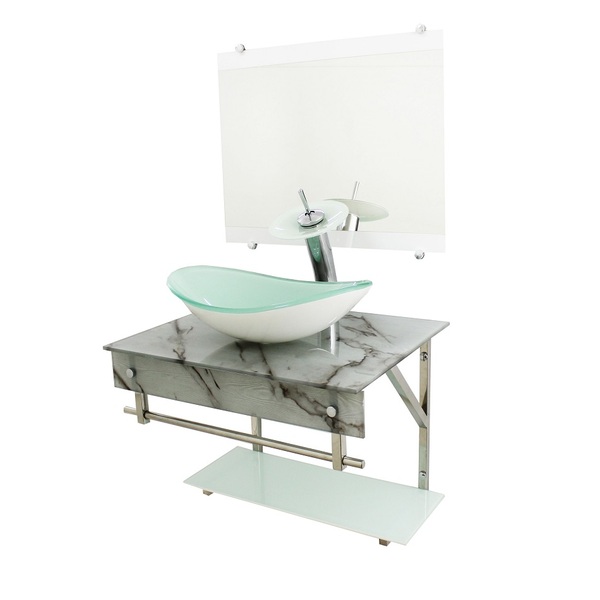Gabinete De Vidro 60cm Iqx Inox Com Cuba Oval - Mármore Branco