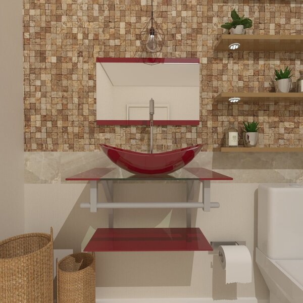 Gabinete De Vidro 70cm Inox Com Cuba Oval Vermelho Cereja