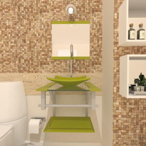 Gabinete De Vidro C/cuba Quadrada Verde +torneira Metal