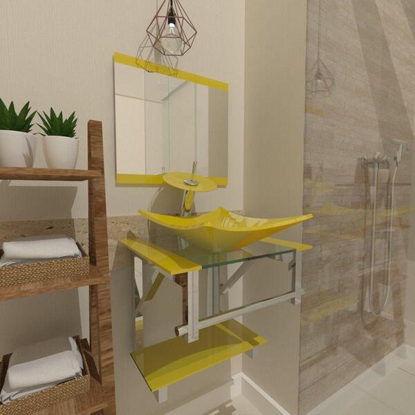 Gabinete De Vidro Com Cuba Quadrada + Torneira Ibiza Amarelo