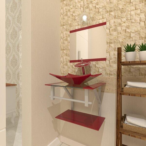 Gabinete De Vidro Cuba Retangular + Torneira Vermelho Cereja