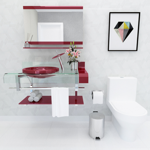 Gabinete de Vidro de 90 cm Vinho com Torneira Cascata Vinho