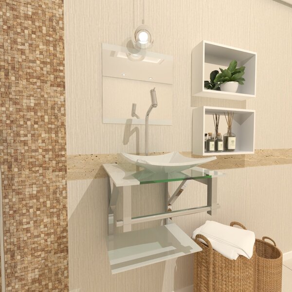 Gabinete De Vidro Para Banheiro 40cm Inox Branco Com Torneira