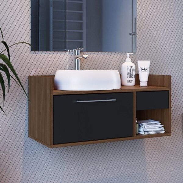 Gabinete Para Banheiro 01 Gaveta E Porta Basculante  Preto/am