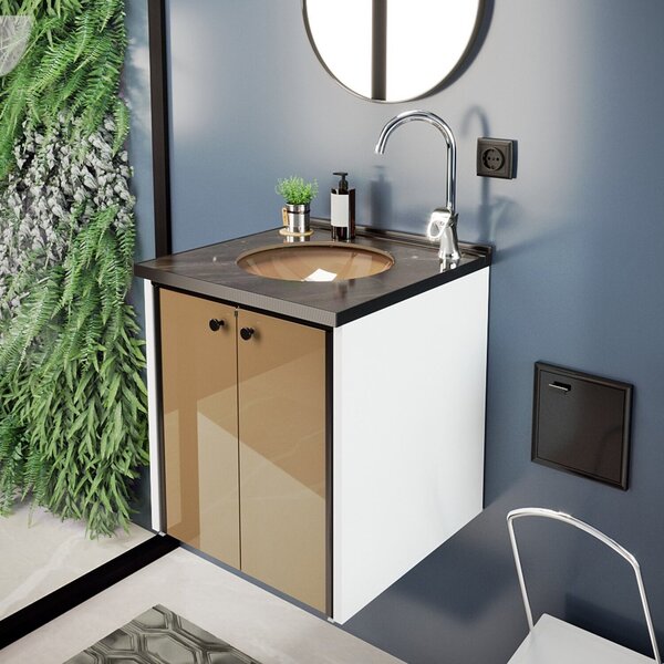 Gabinete Para Banheiro 42 Cm Fenix Nero Branco Marrom/preto