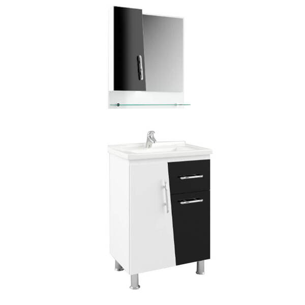 Gabinete Para Banheiro 60cm Com Cesto De Roupas Branco E Pret