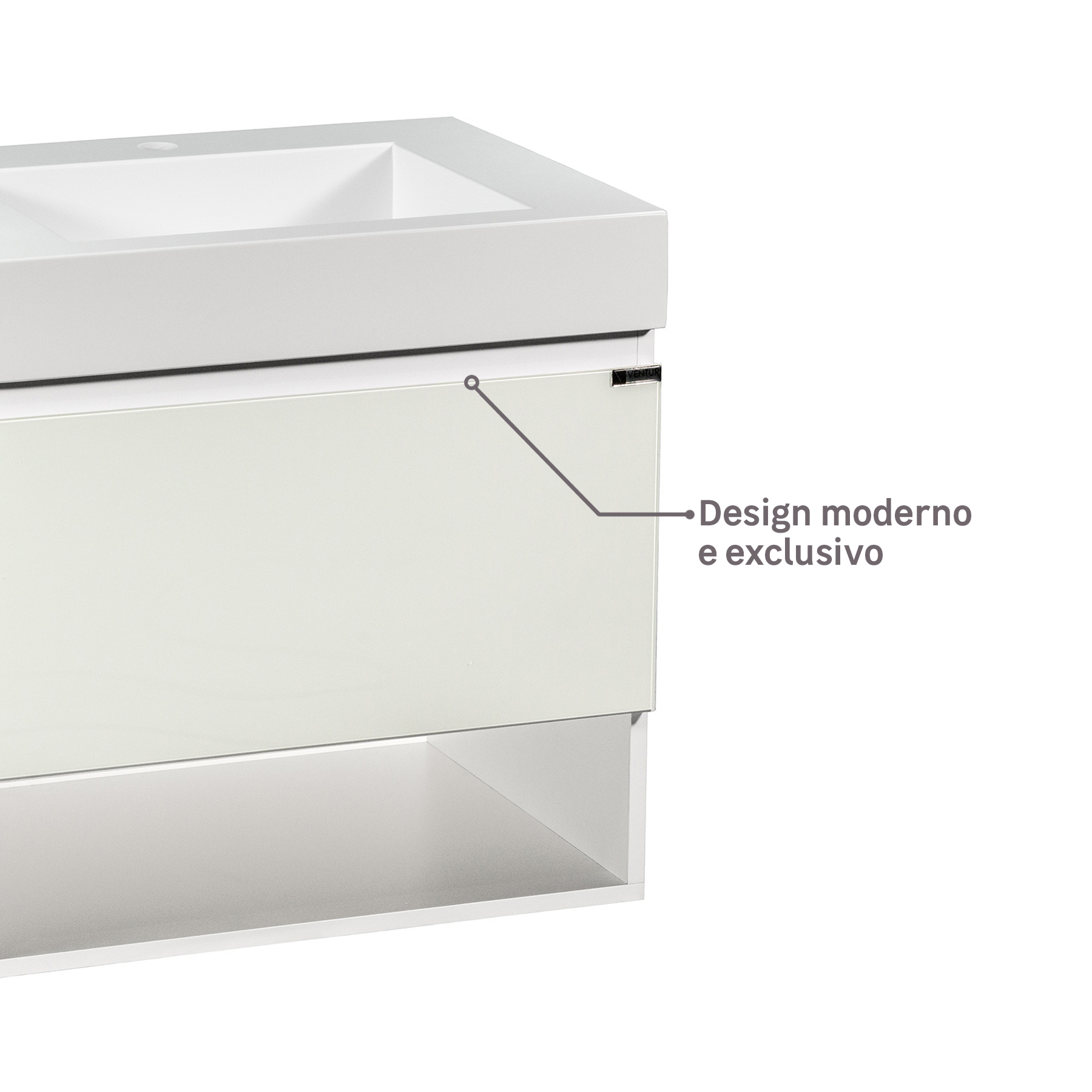 A porta conta com puxador cava, detalhe que enriquece muito o gabinete. Possui muita funcionalidade no uso, são discretos e trazem muito mais modernidade e leveza para o ambiente instalado.