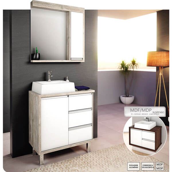 Gabinete Para Banheiro 70cm Com 3 Gavetas Branco E Salina