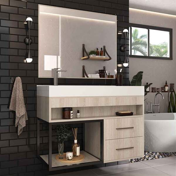 Gabinete Para Banheiro Com Cuba E Espelheira New Plus Carvalh