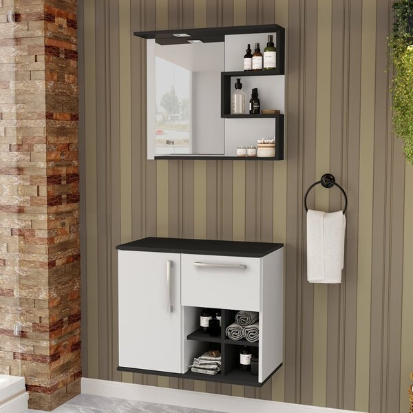 Gabinete Para Banheiro Com Espelheira Veneza  Branco/preto