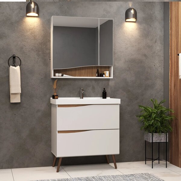 Gabinete Para Banheiro Com Pés 02 Gavetas 02 Portas E Lavatór