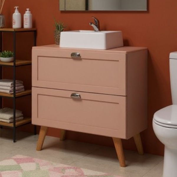 Gabinete Para Banheiro Com Tampo E Cuba 80cm Retro Mdf Rosa M