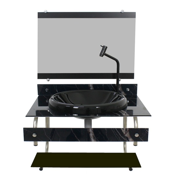 Gabinete Para Banheiro De Vidro Itxx 60cm Inox Mármore Preto