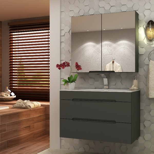 Gabinete Para Banheiro Jazz Grafite 80cm Completo Mazzu