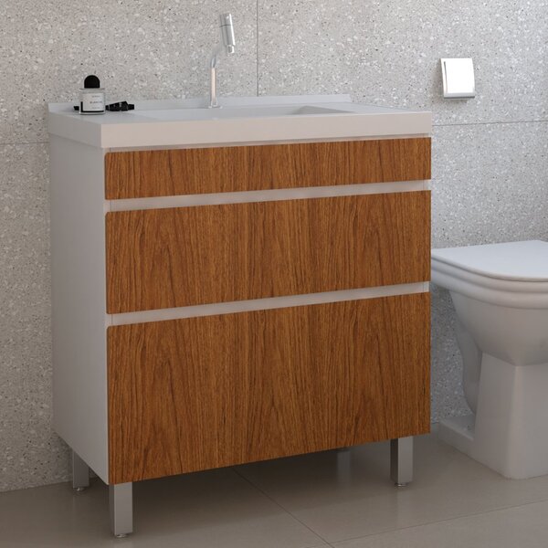 Gabinete Para Banheiro Lina Em Mdf Branco/freijo Com Tampo Em