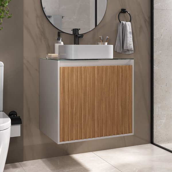 Gabinete Para Banheiro Ripado Com Tampo De Vidro Nude/jequiti