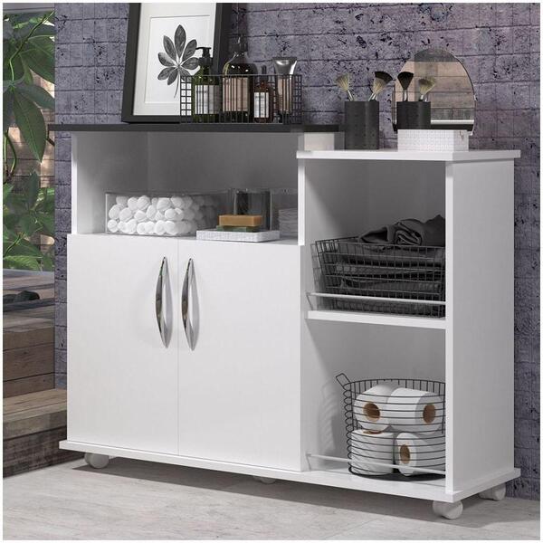 Gabinete Para Banheiro Tampo Preto 4 Rodinhas Balcão Chão