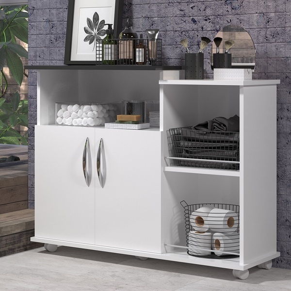 Gabinete Para Banheiro Tampo Preto 4 Rodinhas De Chão