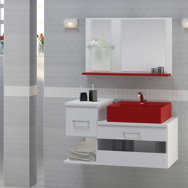Gabinete Para Banheiro Zion Branco Com Espelheira E Cuba Verm