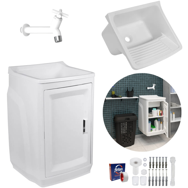 Gabinete Para Lavanderia Com Tanque Branco 01 Porta + Torneir