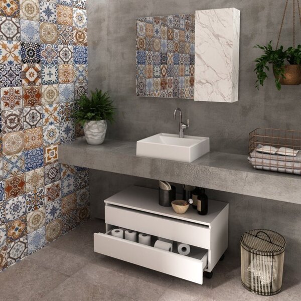 Gabinete Rodizio Para Banheiro Com Espelheira 80cm Branco/mar