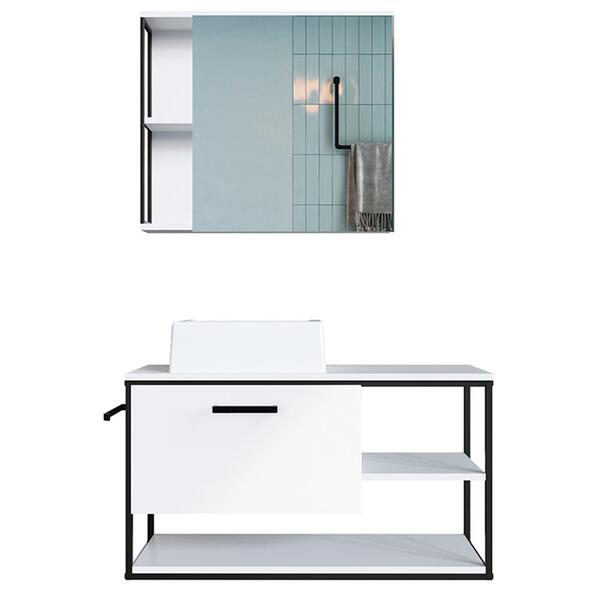 Gabinete Suspenso Banheiro Com Cuba E Espelheira Preto Branco