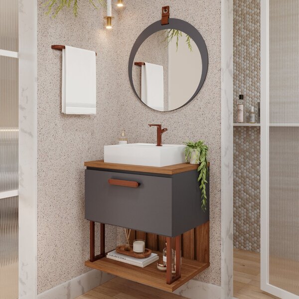 Gabinete Suspenso Banheiro Mari 60cm Com Cuba E Espelheira Lu