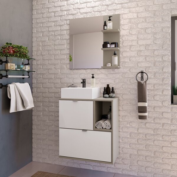 Gabinete Suspenso Com Cuba E Espelheira 60cm Nordic  Branco/a