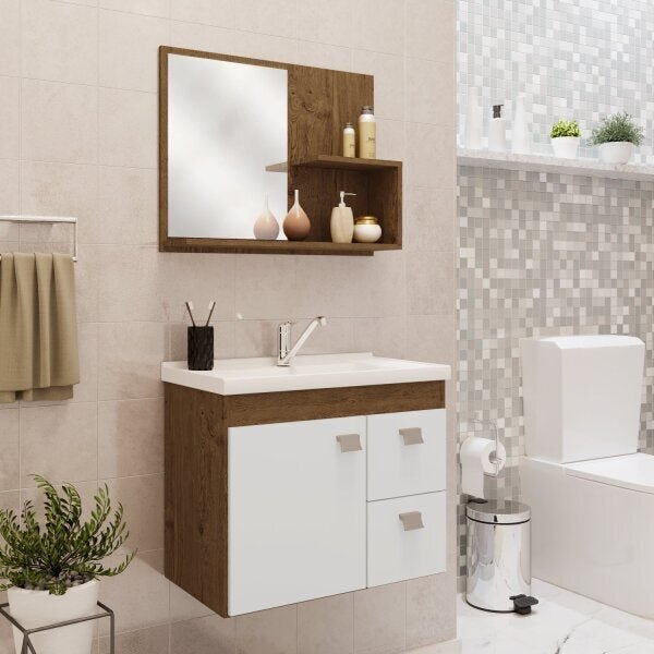 Gabinete Suspenso Com Cuba E Espelheira Isa  Amêndoa/branco