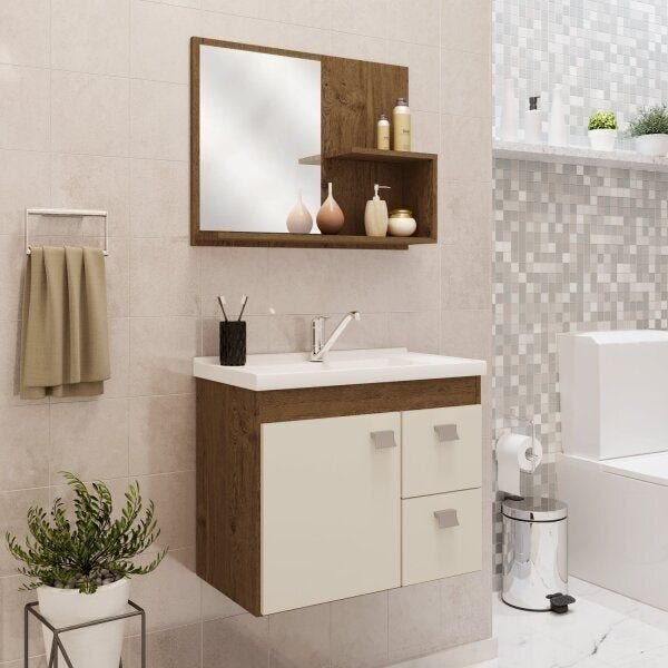 Gabinete Suspenso Com Cuba E Espelheira Isa  Amêndoa/off White