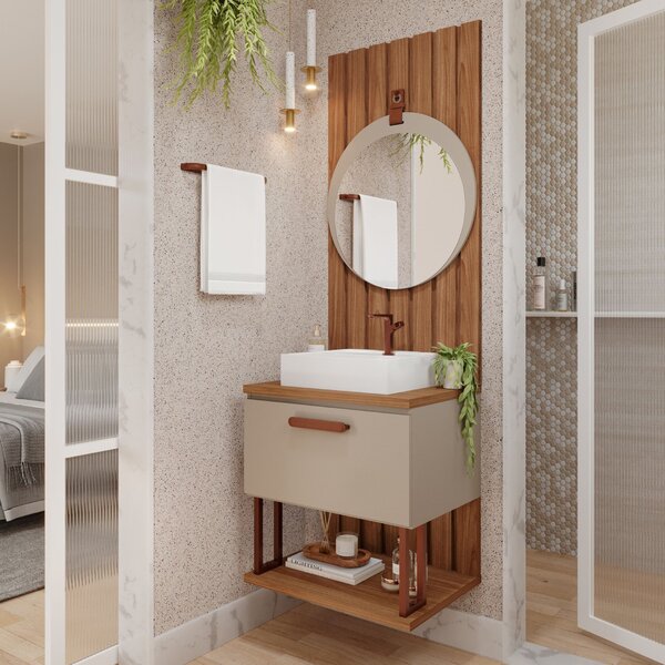 Gabinete Suspenso Com Cuba, Painel Ripado E Espelheira 60cm M