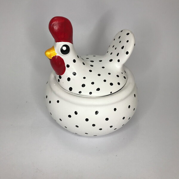 Galinha Decorativa C/tampa Peq  Branco C/ Bolinhas Pretas
