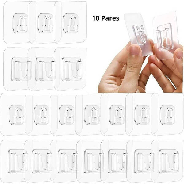 Gancho Adesivo Transparente Macho / Fêmea - Kit 10 Pares