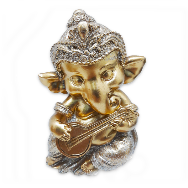Ganesha Da Prosperidade Ganesh Músico Cítara Gold 14 Cm